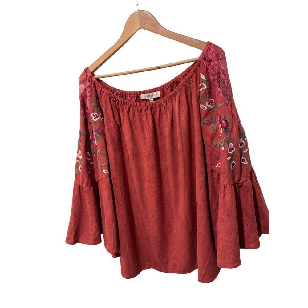 Umgee Burnt Orange Floral Embroidered Off Shoulder Flare Sleeve Blouse Size XL